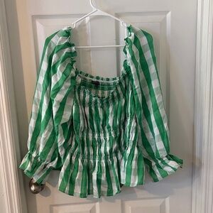 Who What Wear Green and White Striped Blouse